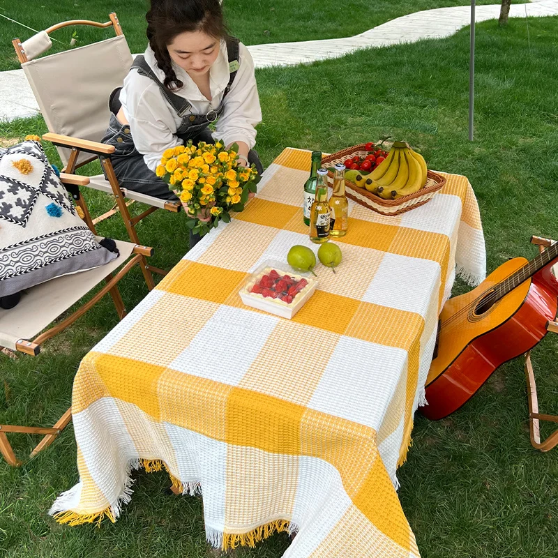 Прямоугольная скатерть для пикника на открытом воздухе в вафельную клетку, скатерть для чайного стола с защитой от ожогов