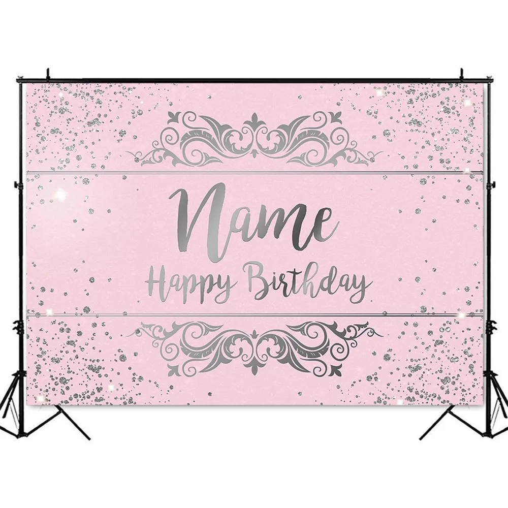 Розовый блестящий фон для Дня рождения, Серебристый Блестящий точечный фон для фотографий, название, настроить, сделать своими РУКАМИ, Персонализированное украшение из виниловой ткани